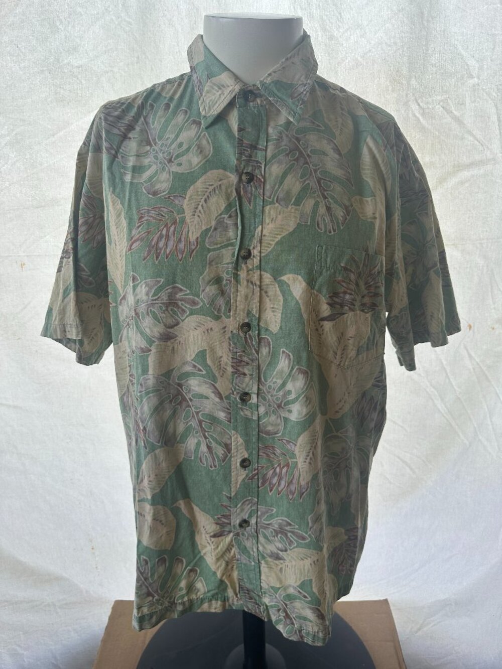 Tori Richard Men's Green Brown Leaf Floral Pattern Hawaiian Shirt Large Cotton